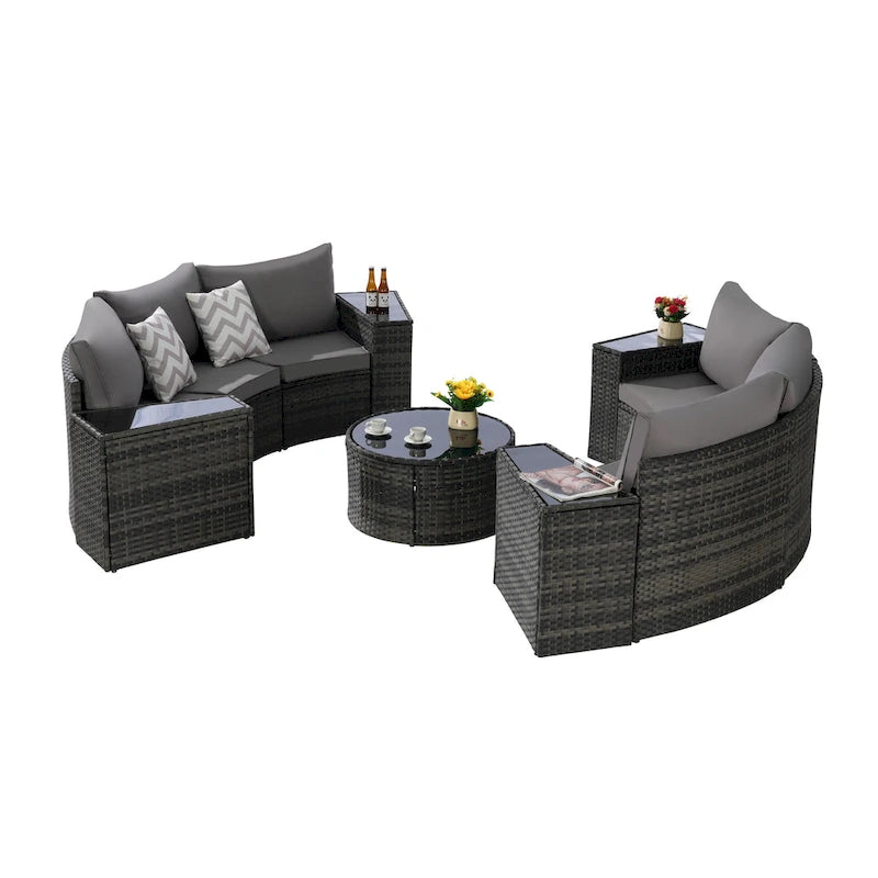 Ensemble de canapé modulaire d'extérieur semi-circulaire 11 pièces avec table basse en verre trempé et 4 tables d'appoint
