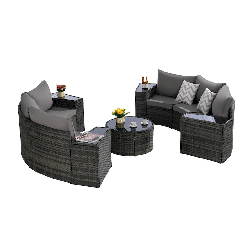 Ensemble de canapé modulaire d'extérieur semi-circulaire 11 pièces avec table basse en verre trempé et 4 tables d'appoint