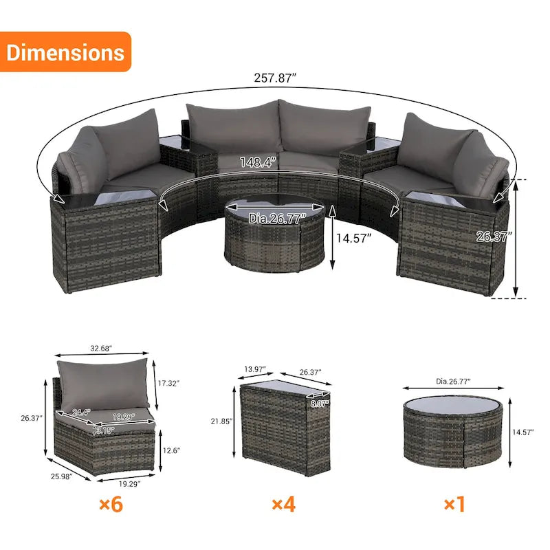 Ensemble de canapé modulaire d'extérieur semi-circulaire 11 pièces avec table basse en verre trempé et 4 tables d'appoint