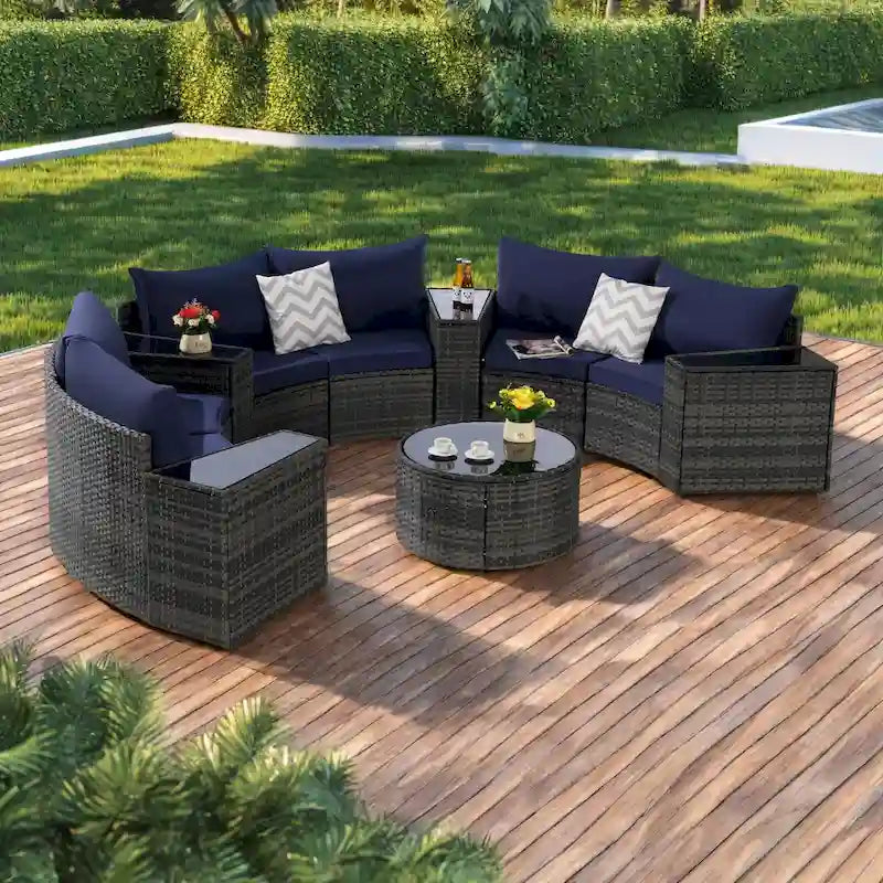 Ensemble de canapé modulaire d'extérieur semi-circulaire 11 pièces avec table basse en verre trempé et 4 tables d'appoint