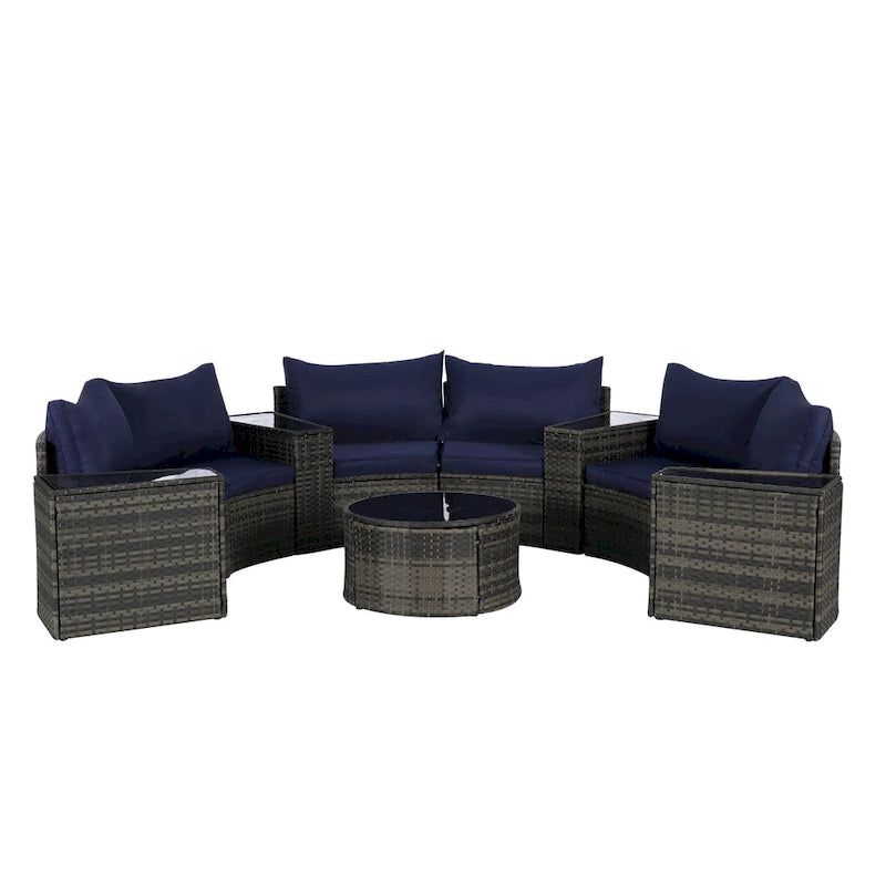 Ensemble de canapé modulaire d'extérieur semi-circulaire 11 pièces avec table basse en verre trempé et 4 tables d'appoint