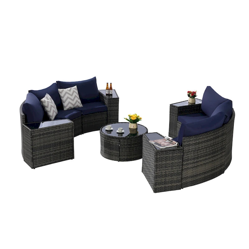 Ensemble de canapé modulaire d'extérieur semi-circulaire 11 pièces avec table basse en verre trempé et 4 tables d'appoint