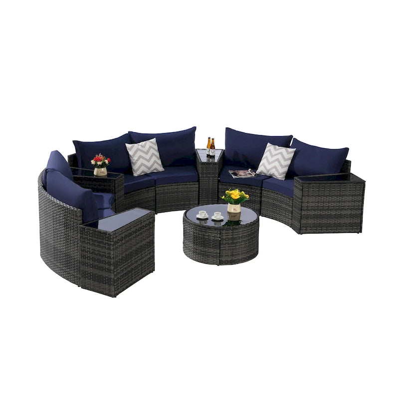 Ensemble de canapé modulaire d'extérieur semi-circulaire 11 pièces avec table basse en verre trempé et 4 tables d'appoint