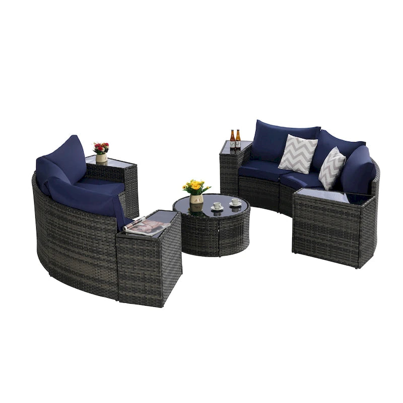 Ensemble de canapé modulaire d'extérieur semi-circulaire 11 pièces avec table basse en verre trempé et 4 tables d'appoint