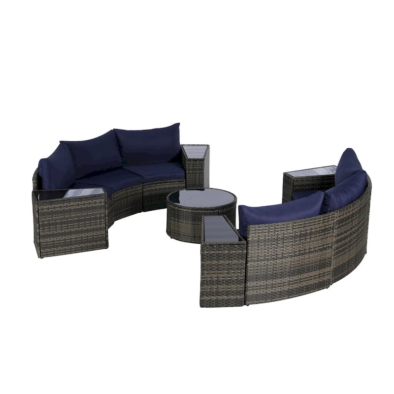 Ensemble de canapé modulaire d'extérieur semi-circulaire 11 pièces avec table basse en verre trempé et 4 tables d'appoint