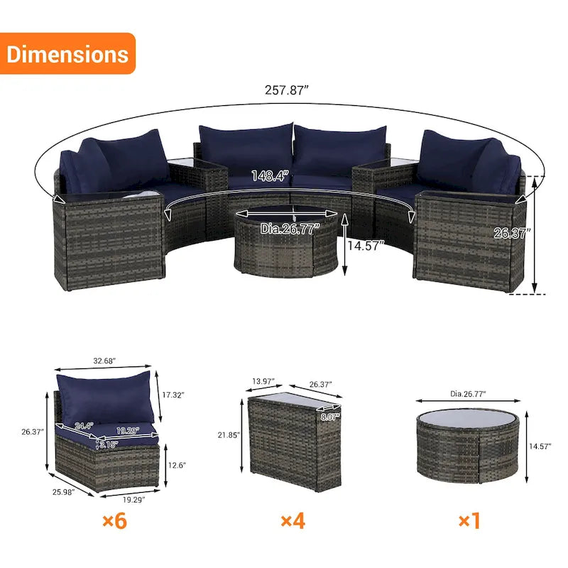 Ensemble de canapé modulaire d'extérieur semi-circulaire 11 pièces avec table basse en verre trempé et 4 tables d'appoint
