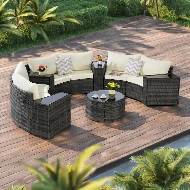 Ensemble de canapé modulaire d'extérieur semi-circulaire 11 pièces avec table basse en verre trempé et 4 tables d'appoint