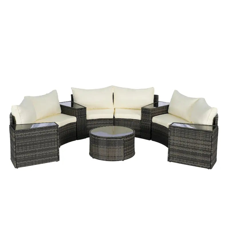 Ensemble de canapé modulaire d'extérieur semi-circulaire 11 pièces avec table basse en verre trempé et 4 tables d'appoint