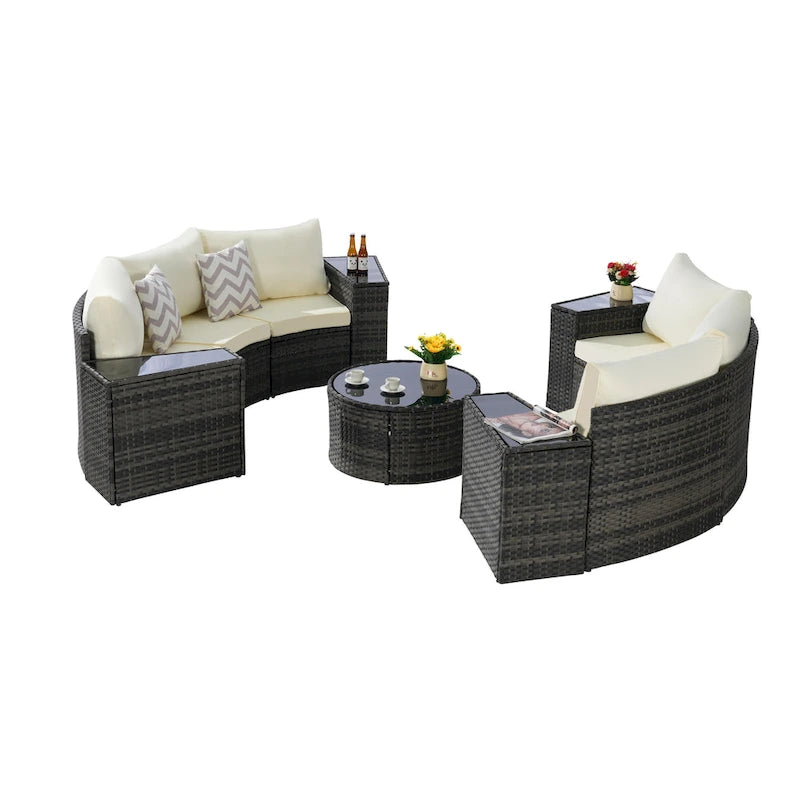 Ensemble de canapé modulaire d'extérieur semi-circulaire 11 pièces avec table basse en verre trempé et 4 tables d'appoint