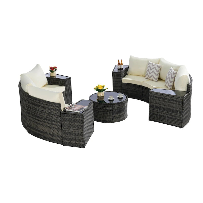Ensemble de canapé modulaire d'extérieur semi-circulaire 11 pièces avec table basse en verre trempé et 4 tables d'appoint