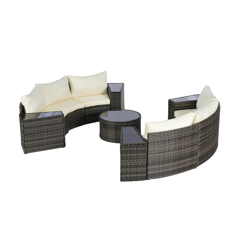 Ensemble de canapé modulaire d'extérieur semi-circulaire 11 pièces avec table basse en verre trempé et 4 tables d'appoint