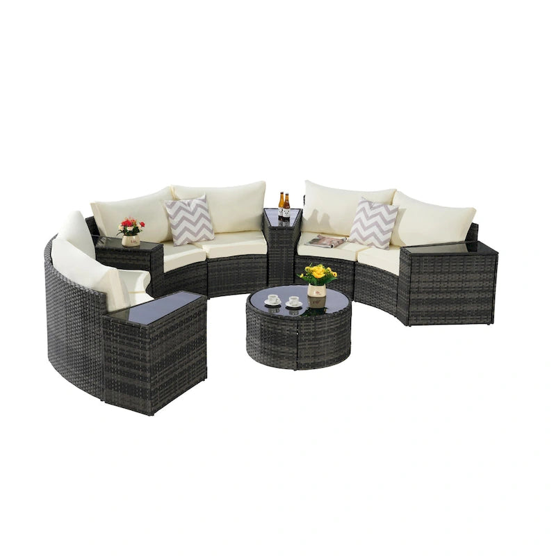 Ensemble de canapé modulaire d'extérieur semi-circulaire 11 pièces avec table basse en verre trempé et 4 tables d'appoint