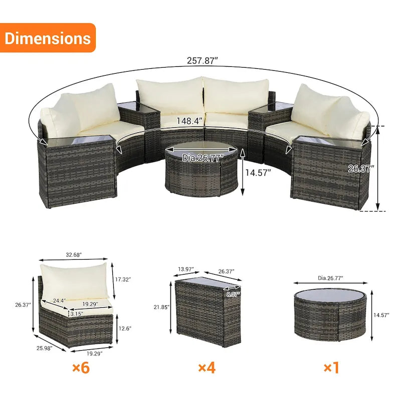 Ensemble de canapé modulaire d'extérieur semi-circulaire 11 pièces avec table basse en verre trempé et 4 tables d'appoint