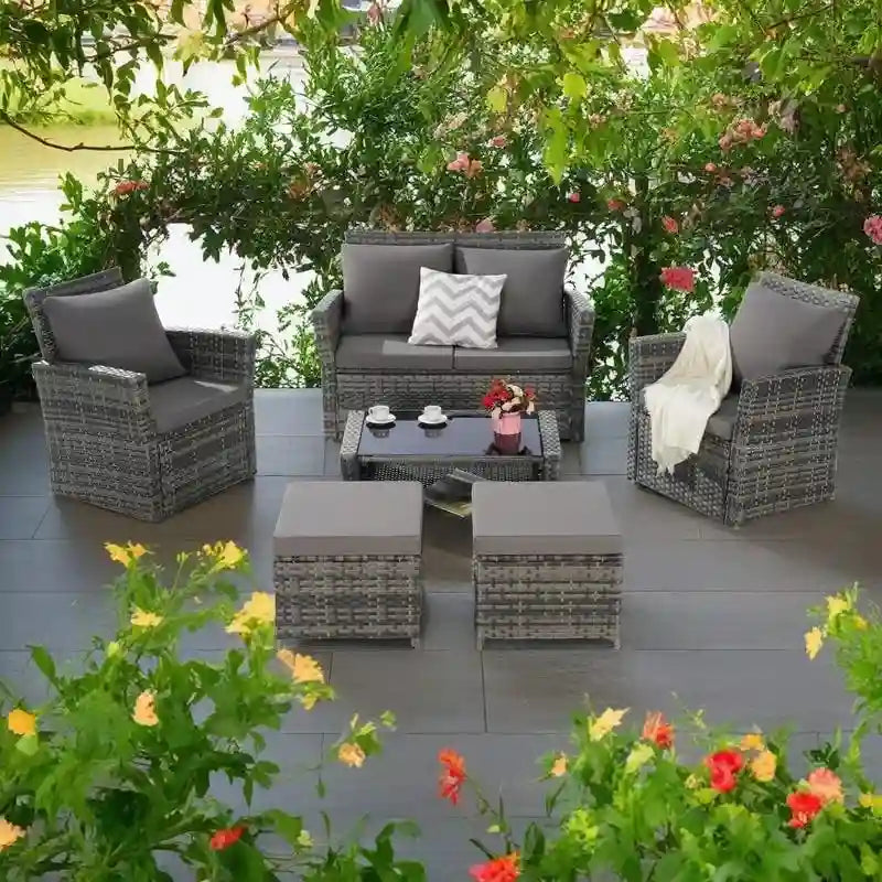 Ensemble de canapés de conversation en rotin de 6 pièces pour patio extérieur avec table basse en verre trempé