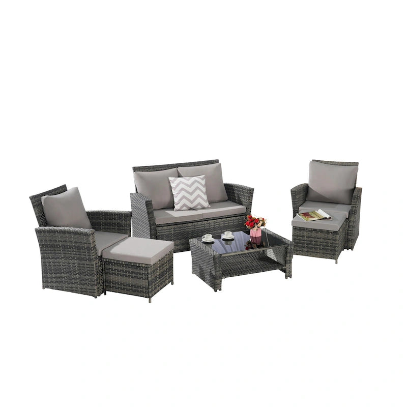 Ensemble de canapés de conversation en rotin de 6 pièces pour patio extérieur avec table basse en verre trempé