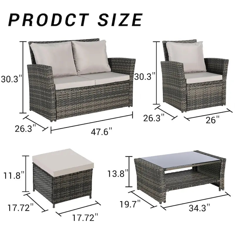 Ensemble de canapés de conversation en rotin de 6 pièces pour patio extérieur avec table basse en verre trempé