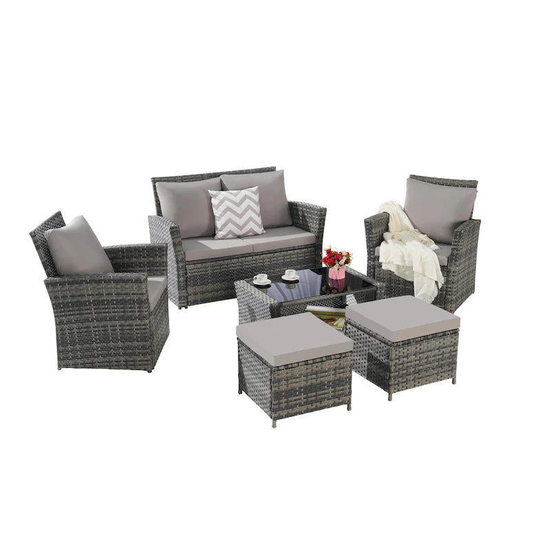 Ensemble de canapés de conversation en rotin de 6 pièces pour patio extérieur avec table basse en verre trempé