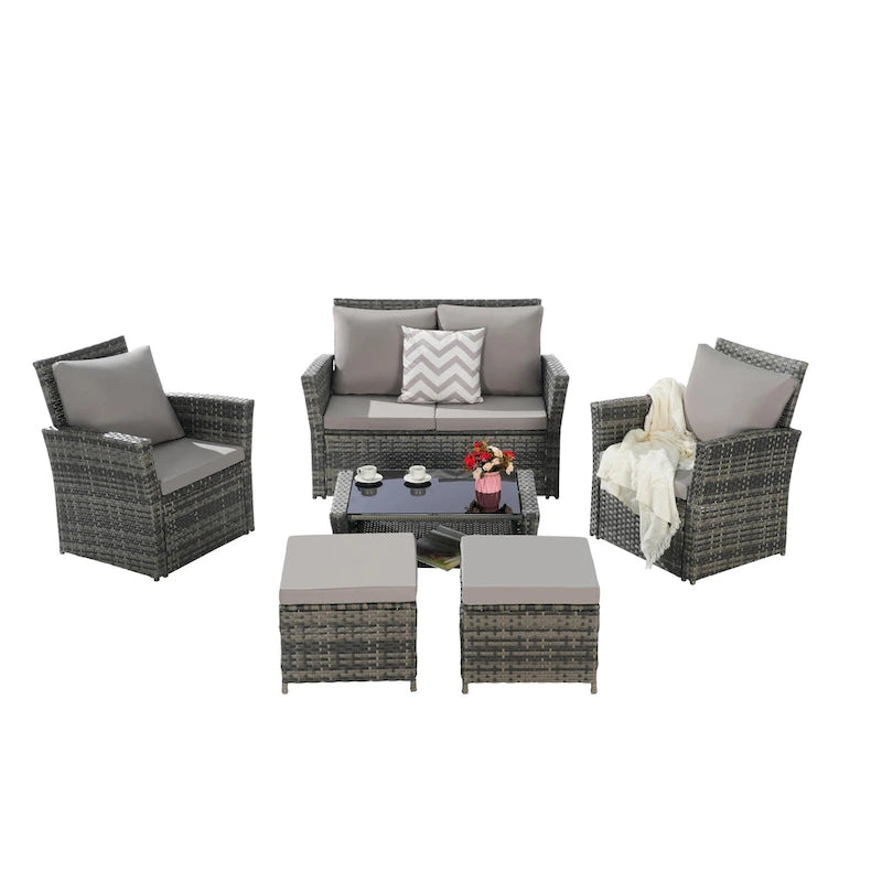 Ensemble de canapés de conversation en rotin de 6 pièces pour patio extérieur avec table basse en verre trempé
