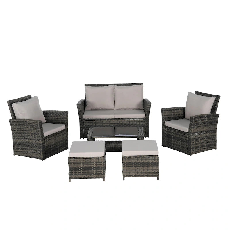 Ensemble de canapés de conversation en rotin de 6 pièces pour patio extérieur avec table basse en verre trempé