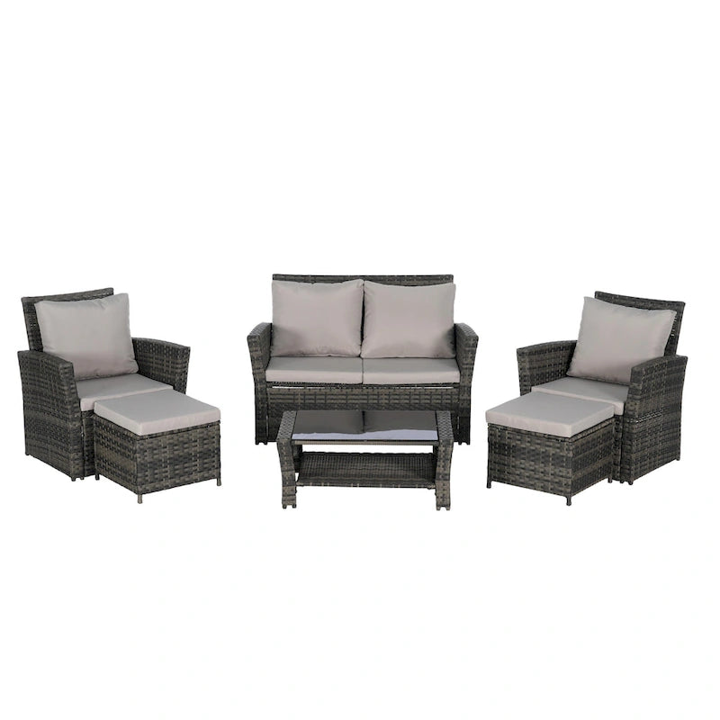Ensemble de canapés de conversation en rotin de 6 pièces pour patio extérieur avec table basse en verre trempé