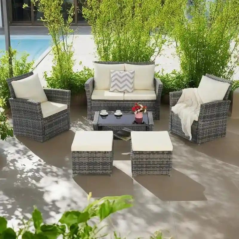 Ensemble de canapés de conversation en rotin de 6 pièces pour patio extérieur avec table basse en verre trempé