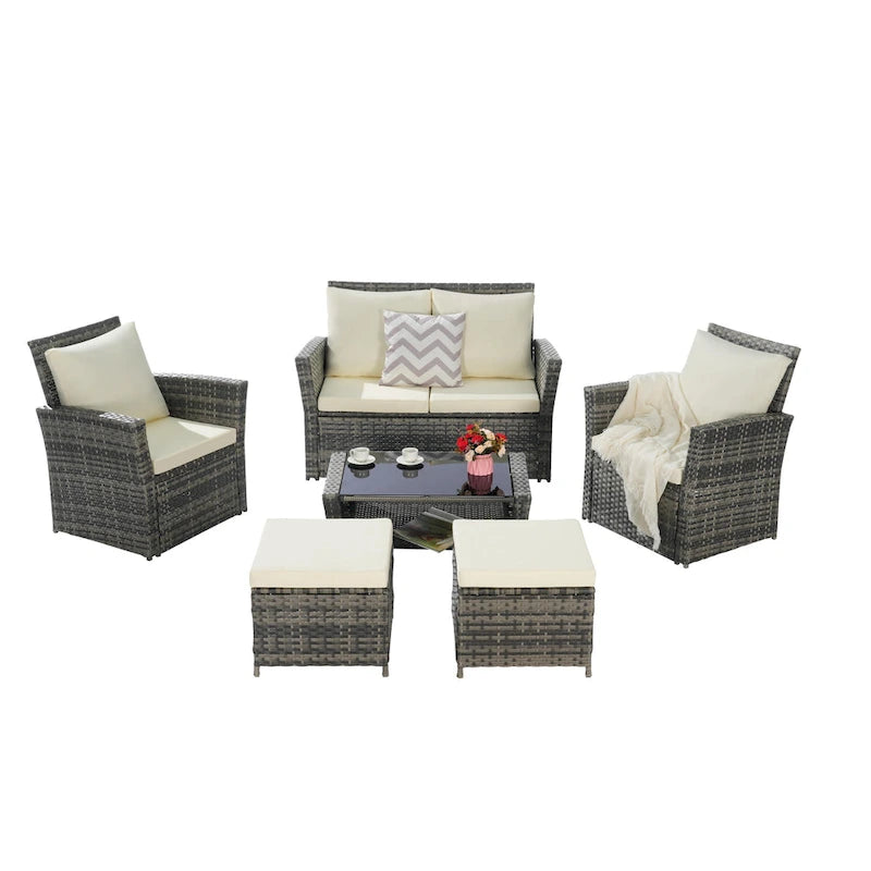Ensemble de canapés de conversation en rotin de 6 pièces pour patio extérieur avec table basse en verre trempé