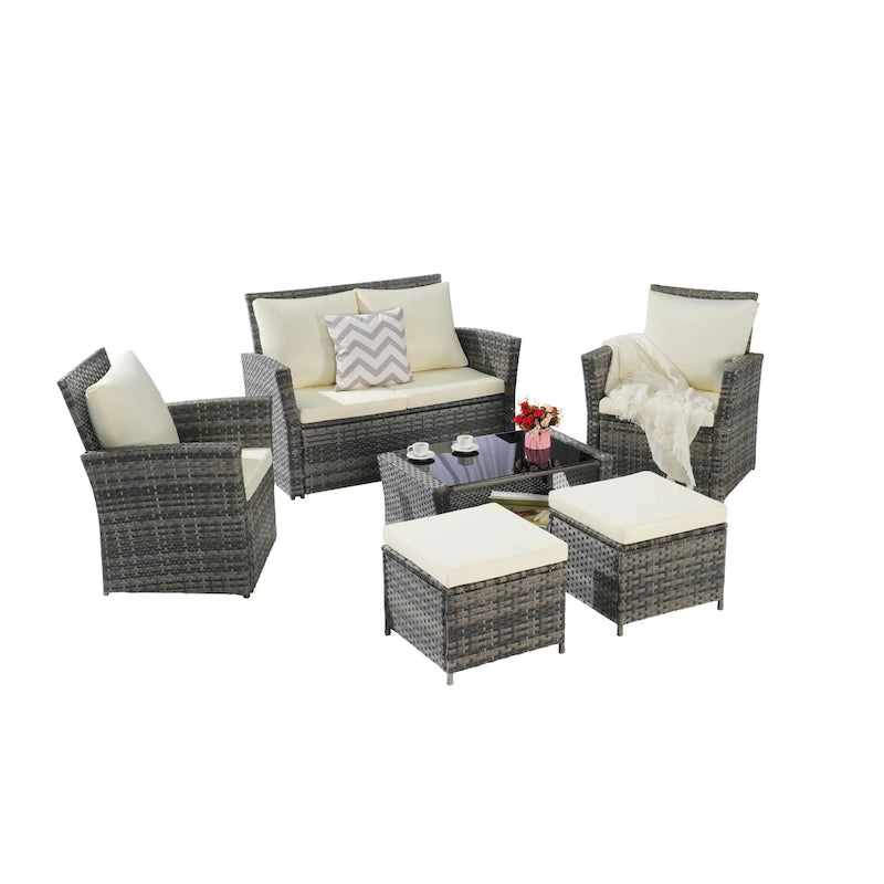 Ensemble de canapés de conversation en rotin de 6 pièces pour patio extérieur avec table basse en verre trempé