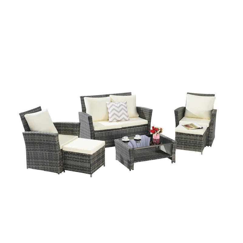 Ensemble de canapés de conversation en rotin de 6 pièces pour patio extérieur avec table basse en verre trempé