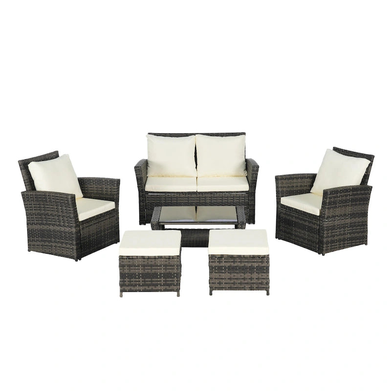 Ensemble de canapés de conversation en rotin de 6 pièces pour patio extérieur avec table basse en verre trempé