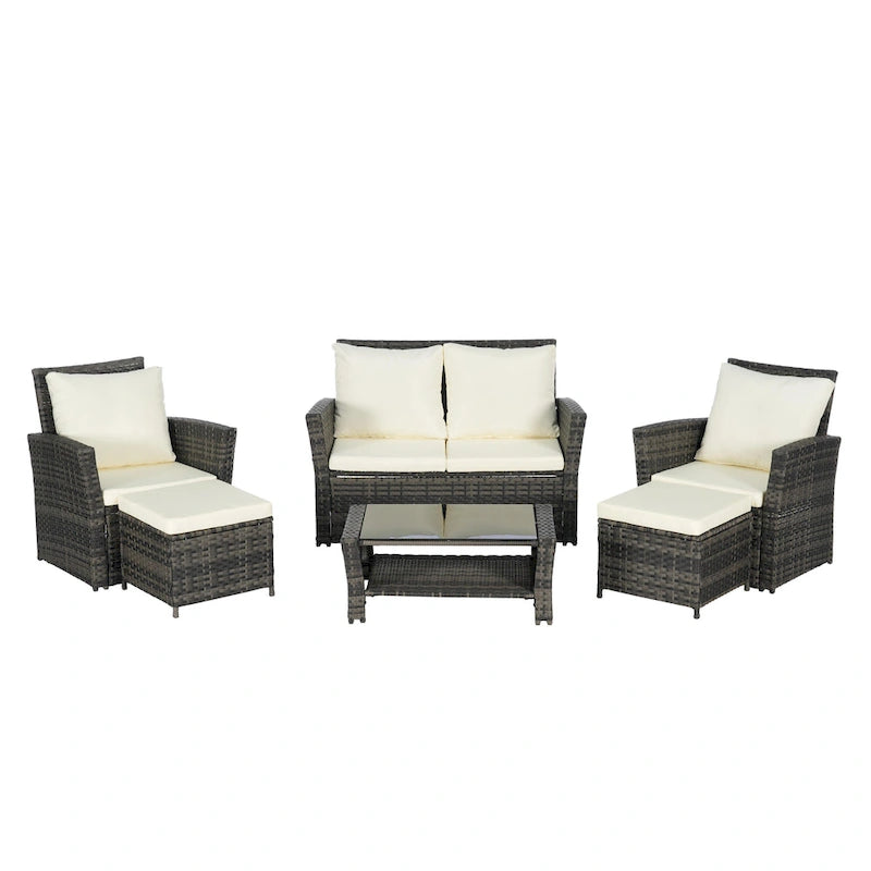 Ensemble de canapés de conversation en rotin de 6 pièces pour patio extérieur avec table basse en verre trempé
