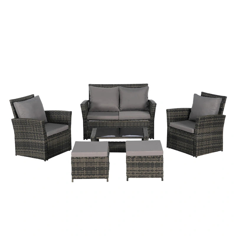 Ensemble de canapés de conversation en rotin de 6 pièces pour patio extérieur avec table basse en verre trempé