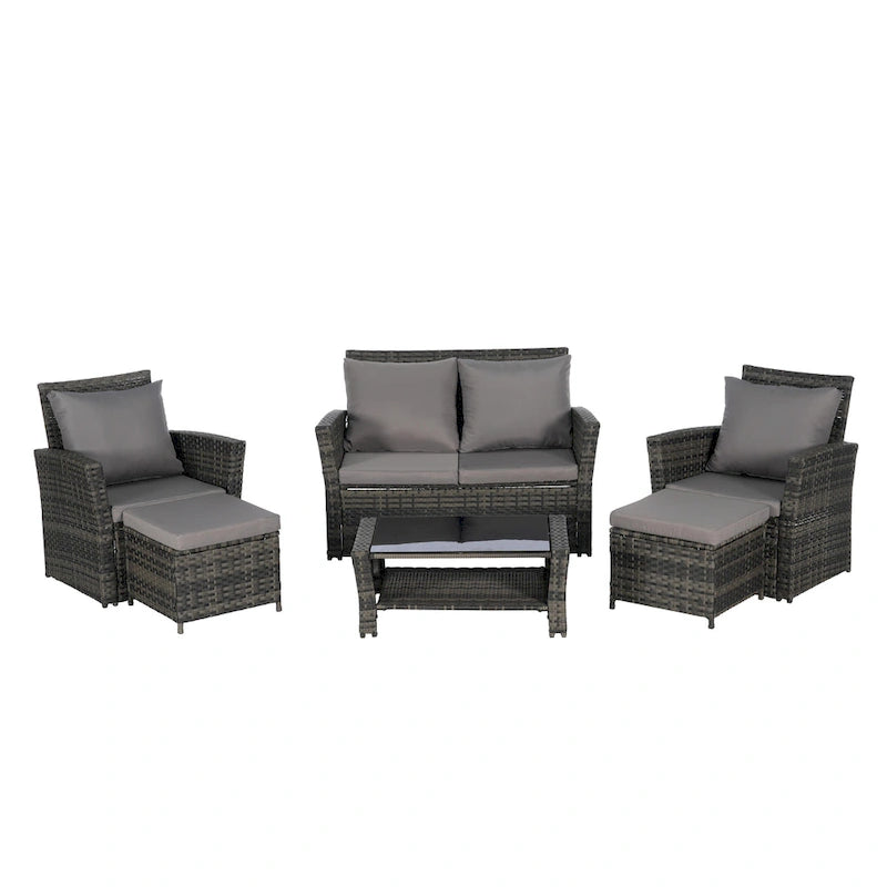 Ensemble de canapés de conversation en rotin de 6 pièces pour patio extérieur avec table basse en verre trempé