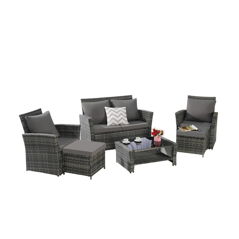 Ensemble de canapés de conversation en rotin de 6 pièces pour patio extérieur avec table basse en verre trempé
