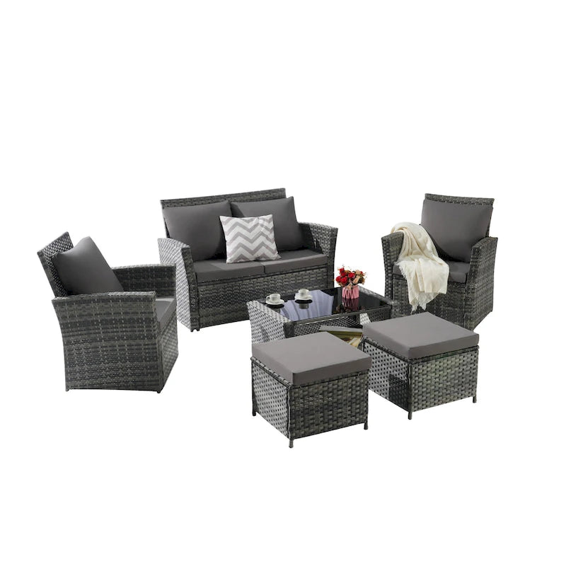 Ensemble de canapés de conversation en rotin de 6 pièces pour patio extérieur avec table basse en verre trempé