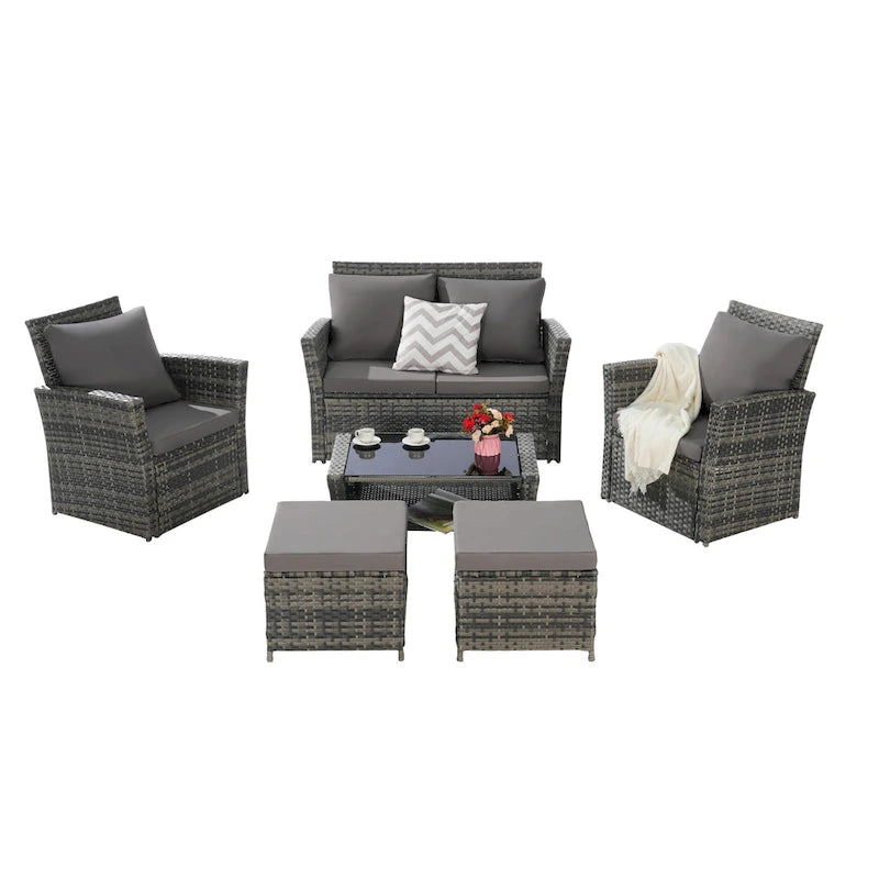 Ensemble de canapés de conversation en rotin de 6 pièces pour patio extérieur avec table basse en verre trempé