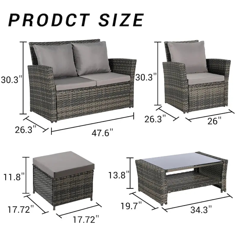 Ensemble de canapés de conversation en rotin de 6 pièces pour patio extérieur avec table basse en verre trempé