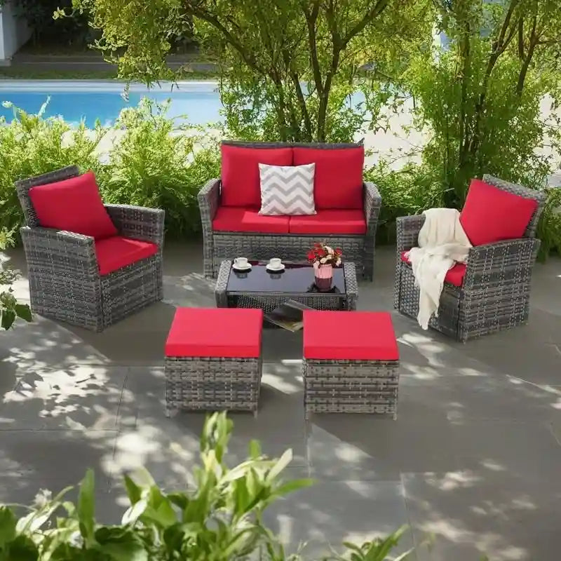 Ensemble de canapés de conversation en rotin de 6 pièces pour patio extérieur avec table basse en verre trempé