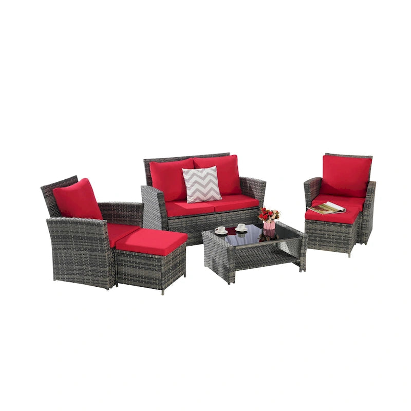 Ensemble de canapés de conversation en rotin de 6 pièces pour patio extérieur avec table basse en verre trempé