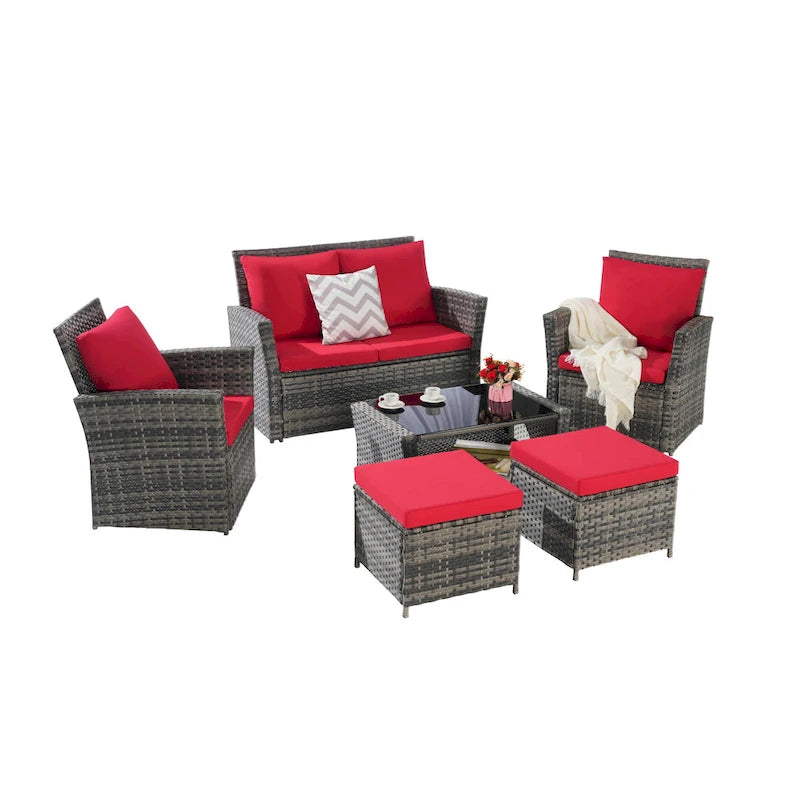 Ensemble de canapés de conversation en rotin de 6 pièces pour patio extérieur avec table basse en verre trempé
