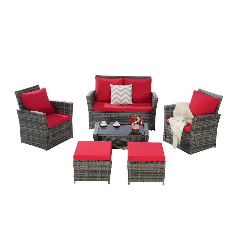 Ensemble de canapés de conversation en rotin de 6 pièces pour patio extérieur avec table basse en verre trempé