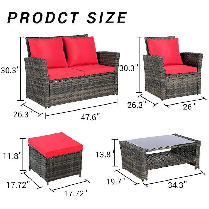 Ensemble de canapés de conversation en rotin de 6 pièces pour patio extérieur avec table basse en verre trempé