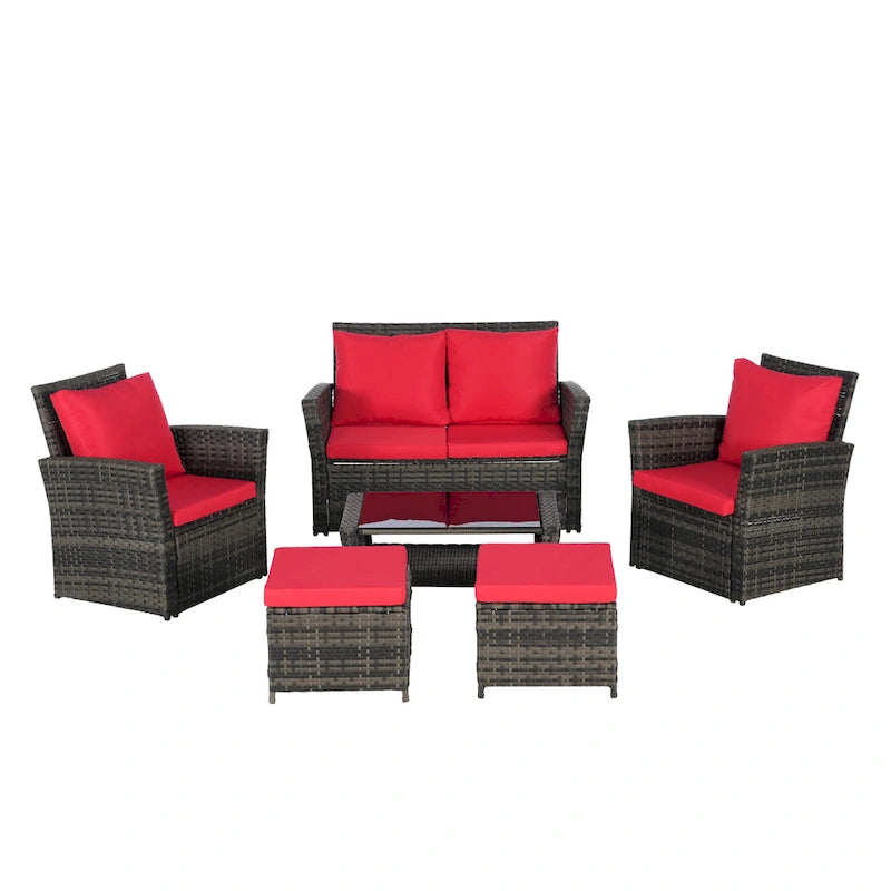 Ensemble de canapés de conversation en rotin de 6 pièces pour patio extérieur avec table basse en verre trempé