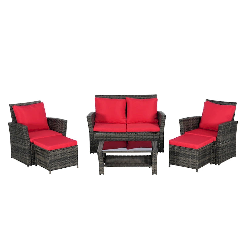 Ensemble de canapés de conversation en rotin de 6 pièces pour patio extérieur avec table basse en verre trempé