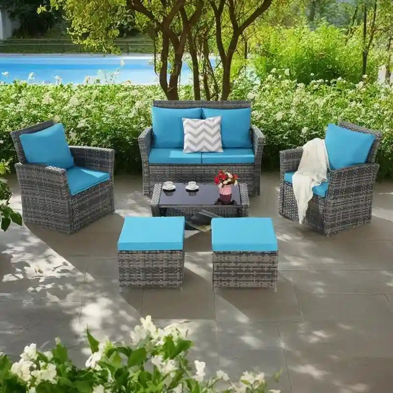 Ensemble de canapés de conversation en rotin de 6 pièces pour patio extérieur avec table basse en verre trempé