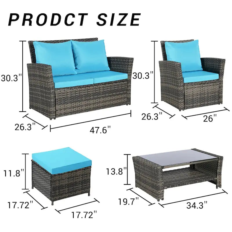 Ensemble de canapés de conversation en rotin de 6 pièces pour patio extérieur avec table basse en verre trempé