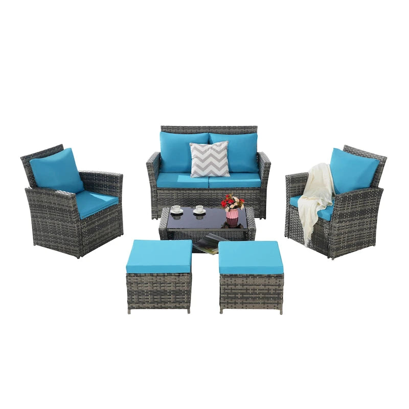 Ensemble de canapés de conversation en rotin de 6 pièces pour patio extérieur avec table basse en verre trempé