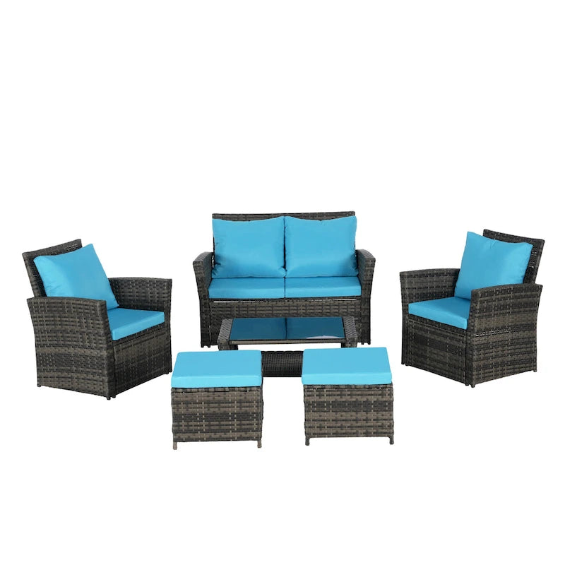 Ensemble de canapés de conversation en rotin de 6 pièces pour patio extérieur avec table basse en verre trempé