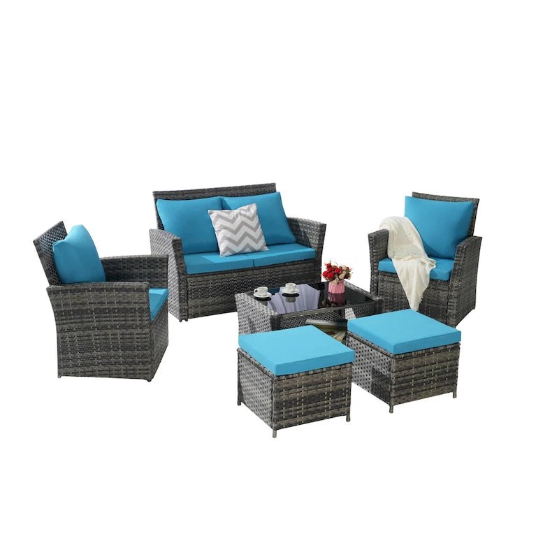 Ensemble de canapés de conversation en rotin de 6 pièces pour patio extérieur avec table basse en verre trempé