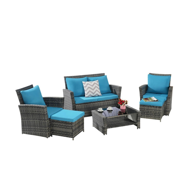 Ensemble de canapés de conversation en rotin de 6 pièces pour patio extérieur avec table basse en verre trempé