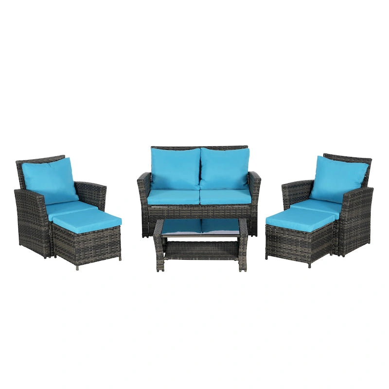 Ensemble de canapés de conversation en rotin de 6 pièces pour patio extérieur avec table basse en verre trempé